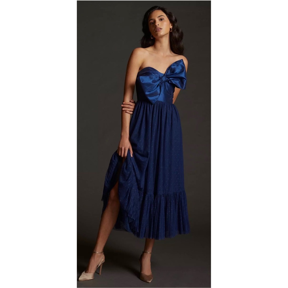 Hutch Anthropologie Tulle Bow-Tie Midi Dress Strapless NWT Szโ 4 Blue READ